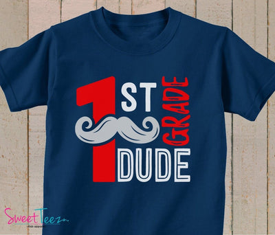 1st Grade Shirt Hip Shirt Boy Navy Tshirt First Grade Dude Kids Hip Back to School Shirt Mustache - SweetTeez LLC