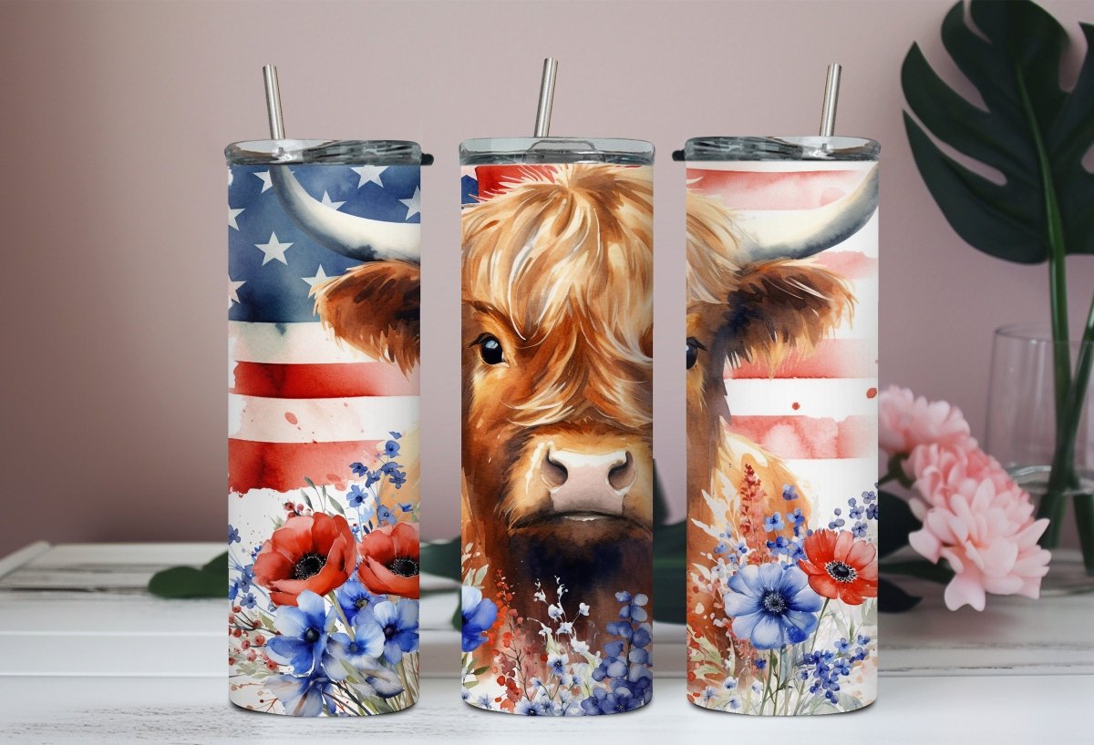 Highland Cow with Flowers 20 oz insulated tumbler with lid and straw