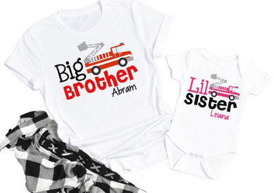 big brother little sister shirts set | personalized firetruck tshirts - SweetTeez LLC
