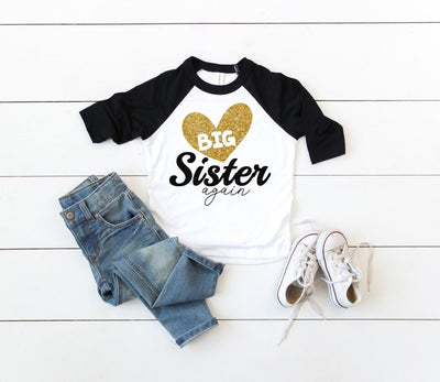 Big Sister Again Shirt - Big Sister Again Shirts - Big Sister Again gift -  Pregnancy Announcement Shirt - Big Sister Shirts - Gold Glitter - SweetTeez LLC