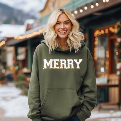 Christmas Hoodie - Merry hooded sweatshirt - Varsity Shirts - Women's Christmas Crewneck - chenille patch sweatshirt - SweetTeez LLC