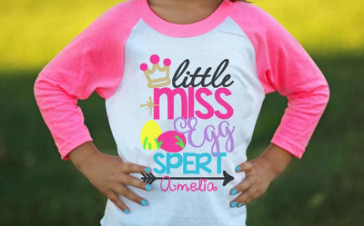 Easter Shirt Little Miss EggSpert Shirt Girl Pink Raglan 3/4th Sleeve Personalized Shirt Funny Toddler Youth Shirt - SweetTeez LLC