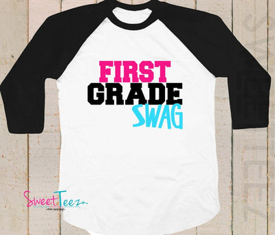 First Grade Swag Shirt Hip Raglan Girl Pink shirt Black Raglan Shirt Heart 1st Grade Back to School - SweetTeez LLC
