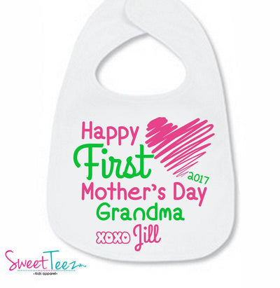 Happy First Mother's Day Grandma Bib Heart Baby Boy Baby Girl Bodysuit Shirt Personalized Year Name Heart - SweetTeez LLC