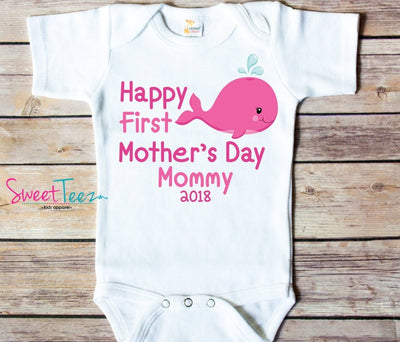 Happy First Mother's Day Mommy Shirt Whale Baby Bodysuit Personalized with Year Boy Girl Pink Blue - SweetTeez LLC