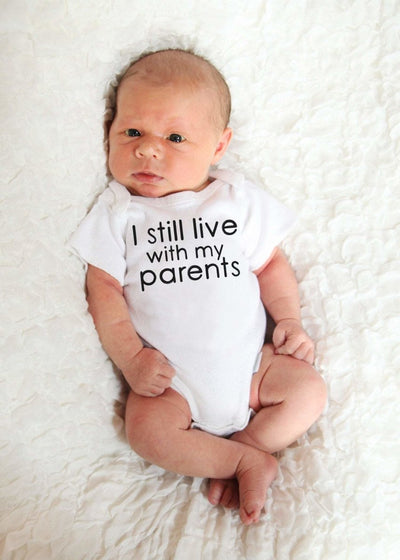 I still live with my parents bodysuit , funny baby bodysuit , funny baby bodysuits , funny baby clothes , baby clothes , baby shower gift - SweetTeez LLC