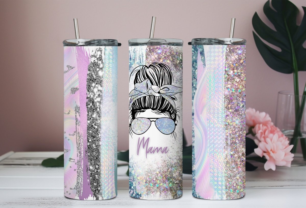Mama Tumbler, with straw and lid, 20 oz skinny, Mom Gift, Glitter Tumbler,  Birthday Gift