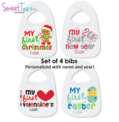 My First Bib Set of 4 SET Personalized with Name Christmas New Year Valentine's Easter Baby - SweetTeez LLC