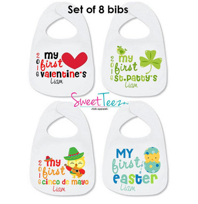 My First Bib Set of 8 SET Personalized with Name Thanksgiving Christmas New Year Valentine's Easter St Patty Cinco de Mayo 4th of July Baby - SweetTeez LLC