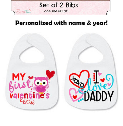 My First Valentine's Day Bib SET Personalized with Name & Year Baby Owl I love Daddy Girl Bibs Gift 1st Valentine's Day - SweetTeez LLC