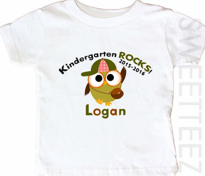 Owl Shirt Kindergarten Rocks Personalized YEAR and name Kids shirt - SweetTeez LLC