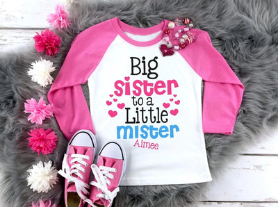 Personalized Big Sister To a Little Mister Shirt - Pink Raglan - SweetTeez LLC