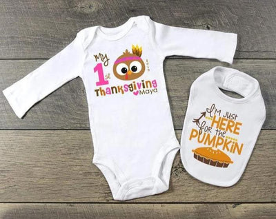 Personalized My First Thanksgiving Outfit for Baby Girl Turkey One Piece and Bib Set - SweetTeez LLC