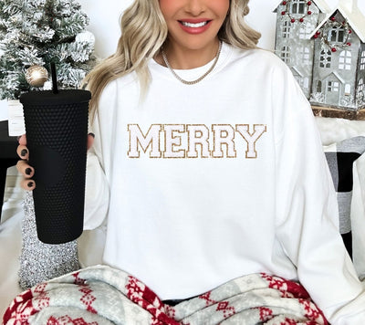 Trendy Chenille Patch Sweatshirt - Merry Crewneck - Varsity Shirts - Women's Christmas Crewneck - Glitter Shirt - Embroidered Sweatshirt - SweetTeez LLC