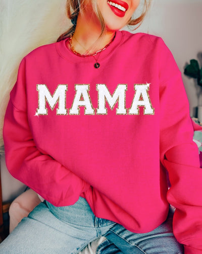 Trendy Pink Mama Sweatshirt - Mama Crewneck - Varsity Shirts - Women's Crewneck - Chenille Patch Shirt - Glitter Mama Shirt - Embroidered - SweetTeez LLC