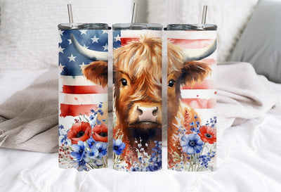 4th of july tumbler, with straw and lid, highland cow cup, patriotic gifts, for women - SweetTeez LLC