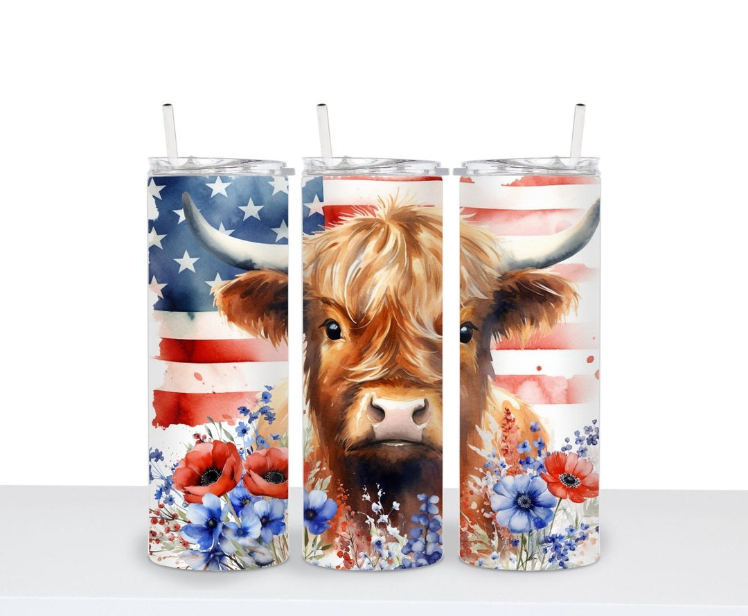 4th of july tumbler, with straw and lid, highland cow cup, patriotic gifts, for women