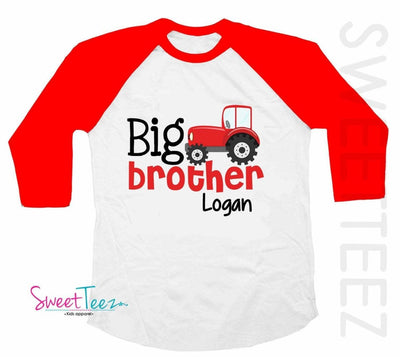 Big Brother Shirt Big Cousin Tractor  Red Raglan Shirt Personalized Raglan 3/4th Sleeve Shirt Toddler Youth Shirt - SweetTeez LLC