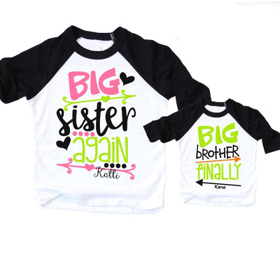 Big Sister Again Big Brother Finally Raglan Shirt Set | personalized - SweetTeez LLC