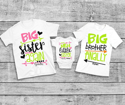 Big Sister Again Big Brother Finally Shirts - Personalized Big Sister Again Shirts Sets - Big Brother Finally Shirt - Shirt Set of 3 - SweetTeez LLC