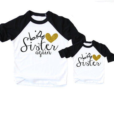 Big Sister Again big sister raglan shirt set | gold glitter heart - SweetTeez LLC