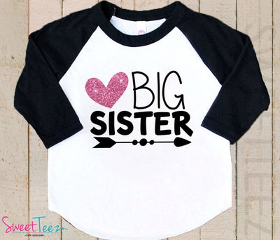 Big Sister Shirt Arrow Glitter Heart Sparkly Girl Shirt Tribal Pink Raglan 3/4th Sleeve Shirt Funny Toddler Youth Shirt - SweetTeez LLC