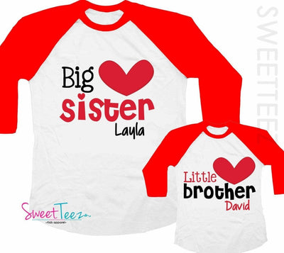 Big Sister Shirt SET Little Brother Heart Red Raglan 3/4th Sleeve Shirt Valentine's Day Personalized Toddler Youth - SweetTeez LLC