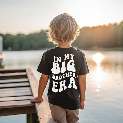 Boys Comfort Colors® T-Shirt - 'In My Big Brother Era' Back Print - Personalized Front Pocket Print with Trendy Skeleton Peace Sign and Name - SweetTeez LLC