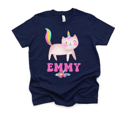 Cat Shirt, Personalized Kitty Shirt, Caticorn Tshirt, Shirts For Girls, Navy Tshirt, Gift For a Toddler Girl, Cat Gift For Girl - SweetTeez LLC