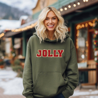 Christmas Hoodie - Jolly hooded sweatshirt - Varsity Shirts - Women's Christmas Crewneck - chenille patch sweatshirt - SweetTeez LLC