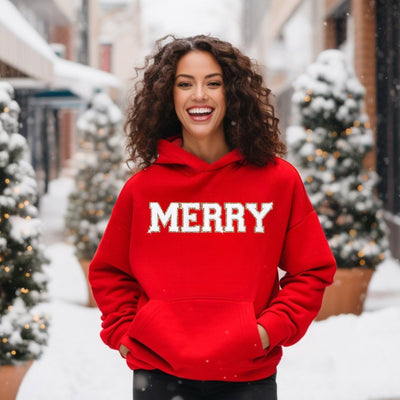 Christmas Hoodie - Merry sweatshirt - Varsity Shirts - Women's Christmas Crewneck - chenille patch sweatshirt - SweetTeez LLC