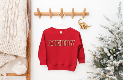 Christmas Sweatshirt - Chenille Patch Sweatshirt - Merry Crewneck - Varsity Shirts - Girls Crewneck - Gold Glitter Shirt - Embroidered - SweetTeez LLC