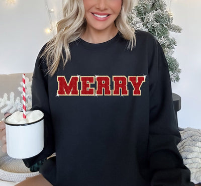 Christmas Sweatshirt - Merry Crewneck - Chenille Patch Sweatshirt - Women's Christmas Crewneck - Glitter Shirt - Embroidered Sweatshirt - SweetTeez LLC