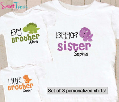Dinosaur Sibling Shirt Set of 3 - Bigger Sister - Big Brother - Little Brother - SweetTeez LLC