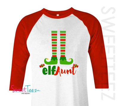 Elf Aunt Shirt Red Raglan for Christmas Elf Mom Elf Dad Elf Uncle Elf Grandpa Elf Grandma Raglan Shirt Gift Christmas Tops - SweetTeez LLC