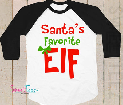 Elf Kids Shirt Christmas Girl Black Raglan Shirt Favorite Elf Boy black Raglan 3/4th Sleeve Shirt Toddler Youth Shirt - SweetTeez LLC