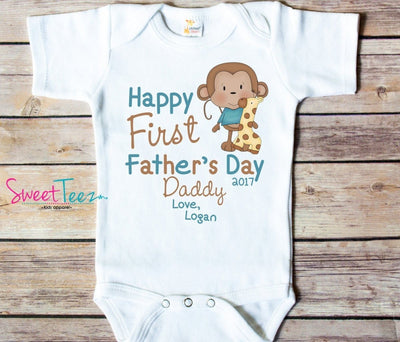 Happy First Father's Day Shirt Monkey Baby Bodysuit Personalized Girl Boy Baby Shirt Gift - SweetTeez LLC