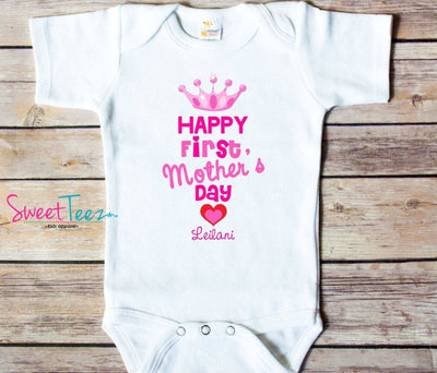 Happy First Mother's Day Mommy Shirt Princess Baby Bodysuit Personalized Crown Girl - SweetTeez LLC