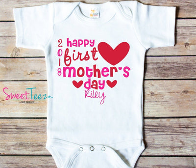 Happy First Mother's Day Shirt Heart Girl Baby Bodysuit Personalized with Year and Name Mother's Day Gift - SweetTeez LLC