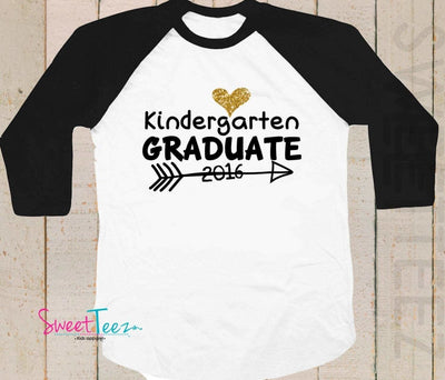 Kindergarten Graduation Shirt Gold Glitter Heart Shirt Arrow Personalized with year  Girl Pink Kids Raglan Shirt - SweetTeez LLC