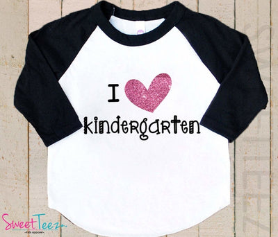 Kindergarten Shirt Glitter Heart Shirt Kids Raglan Shirt I Love Kindergarten top back to school shirt - SweetTeez LLC