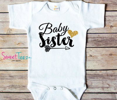 Little Sister Bodysuit Gold Glitter Arrow Baby sister Shirt Baby Bodysuit - SweetTeez LLC