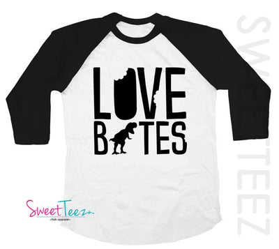Love Bites Shirt Valentine's Day Shirt Dinosaur Red Raglan Boy Hearts Toddler Youth - SweetTeez LLC