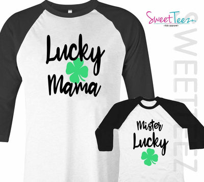 Lucky Mama Shirt Set Mister Lucky Son Mom Shirt Set Adult Shirt Black Raglan Gift Set St Patrick's Day - SweetTeez LLC