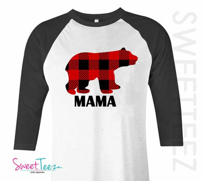 Mama Bear Shirt Christmas Gift Plaid Bear Shirt Papa Adult Shirt Black Raglan Grandma Auntie Bear Gift - SweetTeez LLC