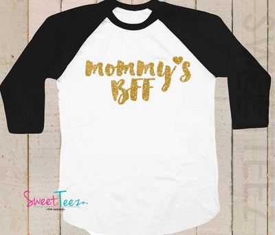 Mommy's BFF Shirt Gold Glitter Heart Sparkly Girl Shirt Mother's Day Pink Raglan 3/4th Sleeve Toddler Youth Shirt Pregnancy Announcement - SweetTeez LLC