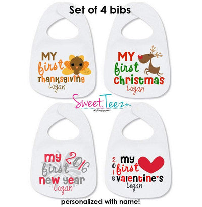 My First Bib Set of 4 SET Personalized with Name Thanksgiving Christmas New Year Valentine's Baby - SweetTeez LLC