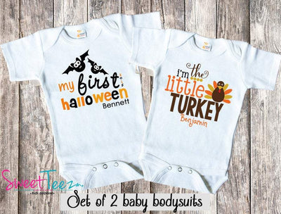 My First Halloween SET Little Turkey Shirts bodysuit SET Baby Boy Set of 2 Thanksgiving Infant Outfit - SweetTeez LLC