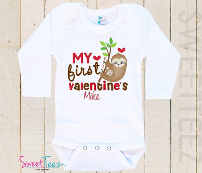 My First Valentines day Shirt , My First Valentine's Shirt Baby ,  Long Sleeve Baby Bodysuit , Personalized Sloth Shirt , Valentines Gift - SweetTeez LLC