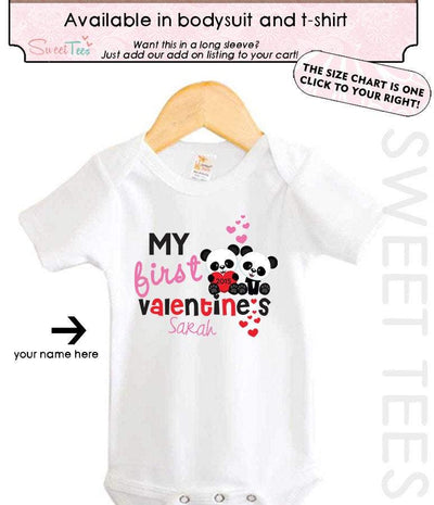 My First Valentine's Personalized Girl Shirt Panda BEar Hearts Boy Girl Personalized Name Year Shirt Sibling Announcement Shirt - SweetTeez LLC